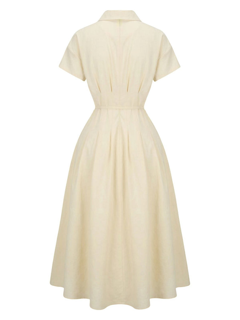 Gelb 1940er Taillenbindung Knopf Hemd Kragen Kleid