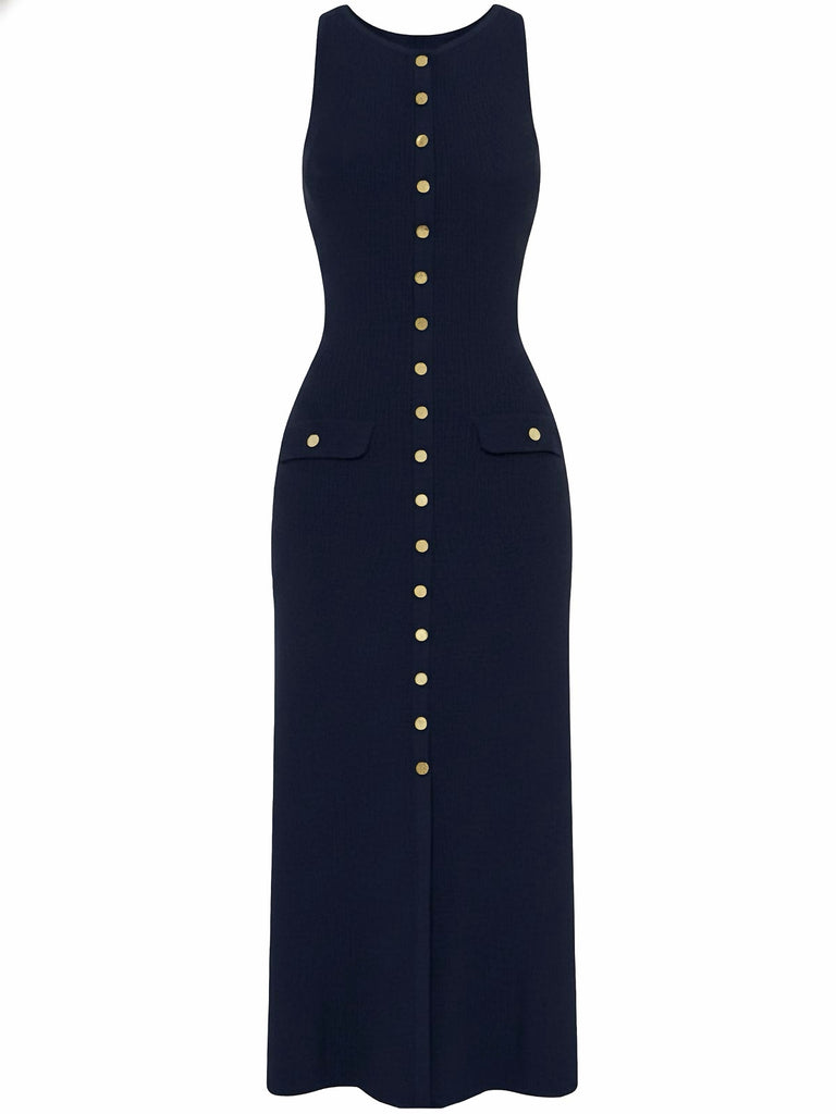 1960er Solide Ärmellos Einreihig Stricken Kleid