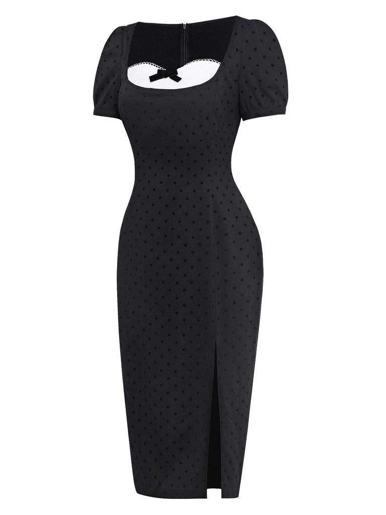 [Vorverkauf] Schwarz 1960er Tupfen Bogen Detail Seite Schlitz Kleid