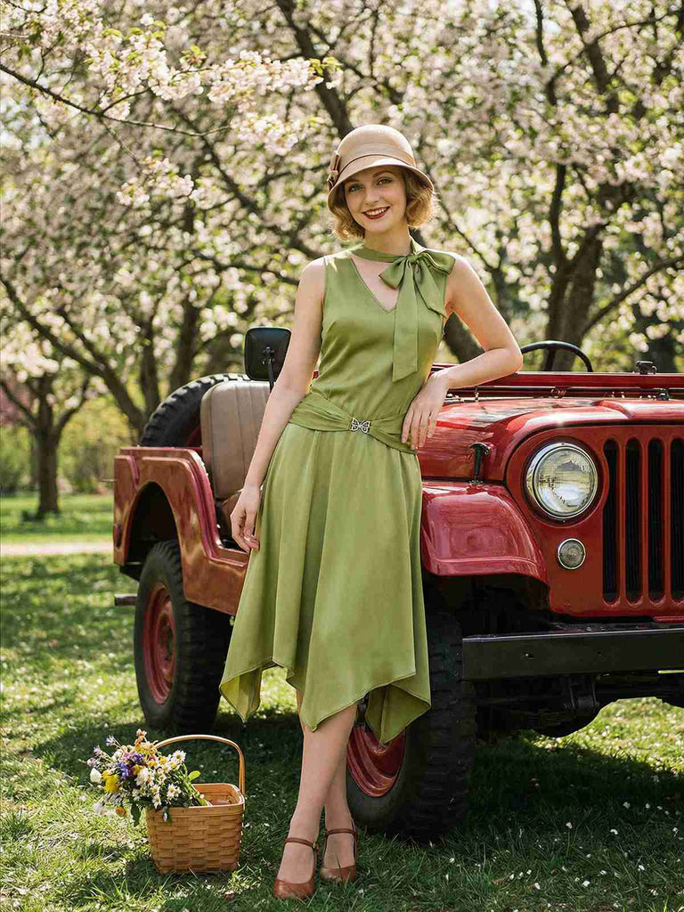 Chartreuse 1920er Schimmernd Taschentuch Saum Kleid