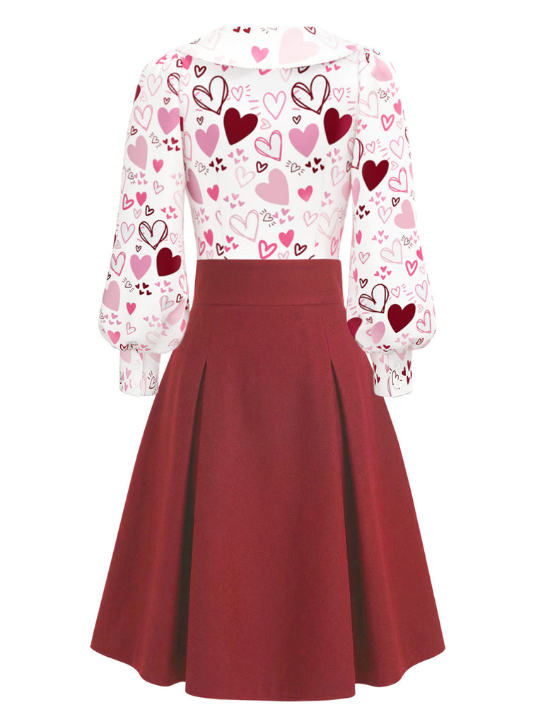 [Vorverkauf] 2PCS Rot 1960er Valentinstag Bindung Hals Bluse & Rock