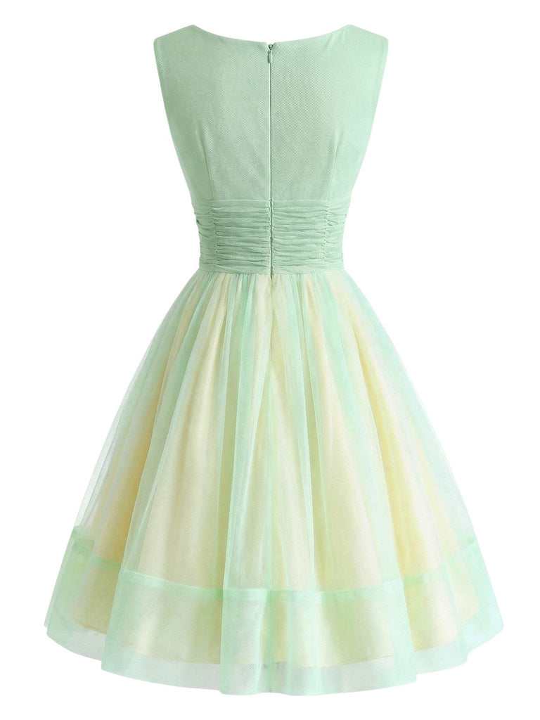 [Vorverkauf] Gelb Grün 1950er Bootskragen Netz Kleid