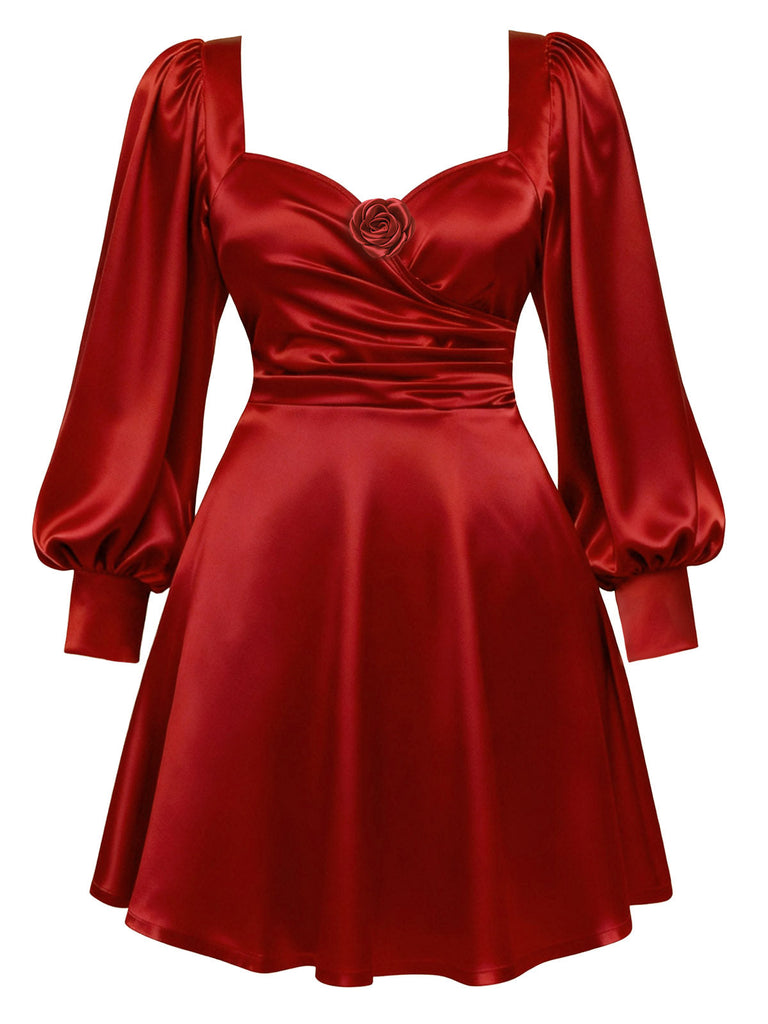 [Vorverkauf] [Übergröße] Weinrot 1960er Valentinstag Satin 3D Rose Kleid