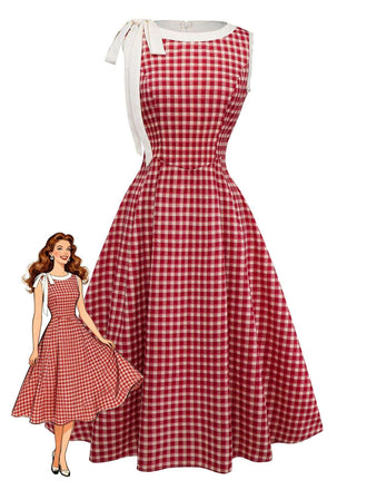 Rot 1950er Gingham Kariert Ärmellos Spitze Rundhals Kleid