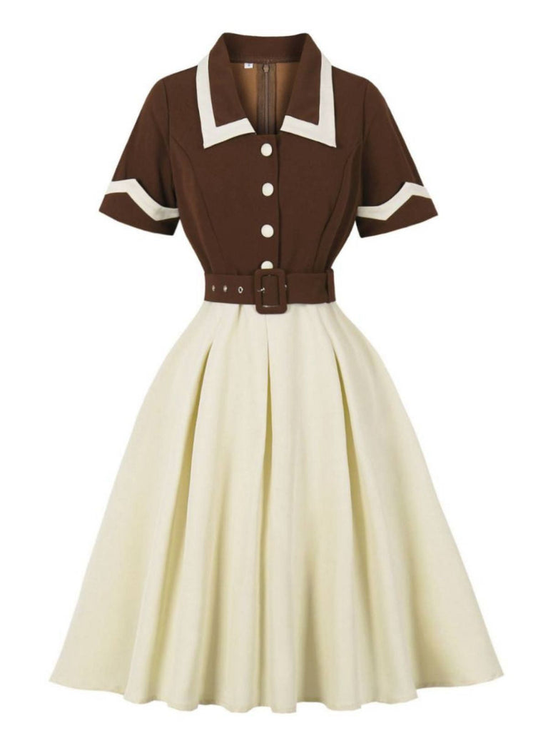 Kaffee & Beige 1950er Kontrast Revers Gürtel Kleid