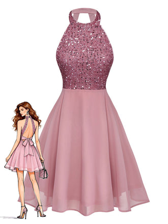 1950er Solide Perlen Pailletten Ärmellos Patchwork Kleid