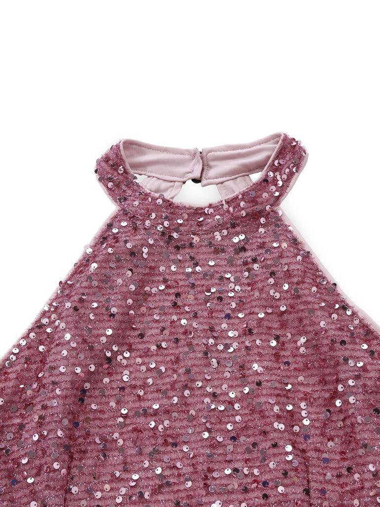 1950er Solide Perlen Pailletten Ärmellos Patchwork Kleid