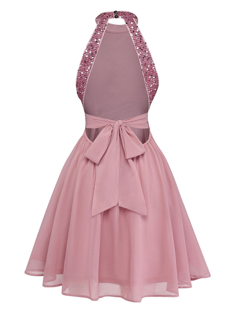 1950er Solide Perlen Pailletten Ärmellos Patchwork Kleid