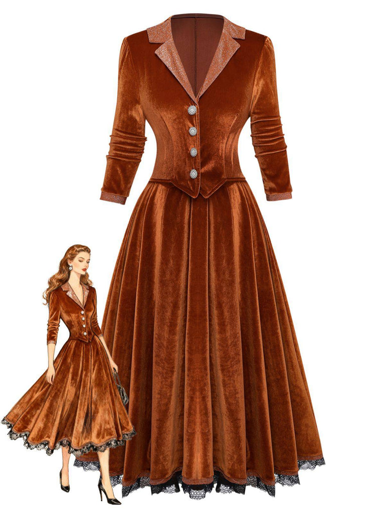Braun 1940er Solide Revers Samt Schein Zweiteiler Kleid