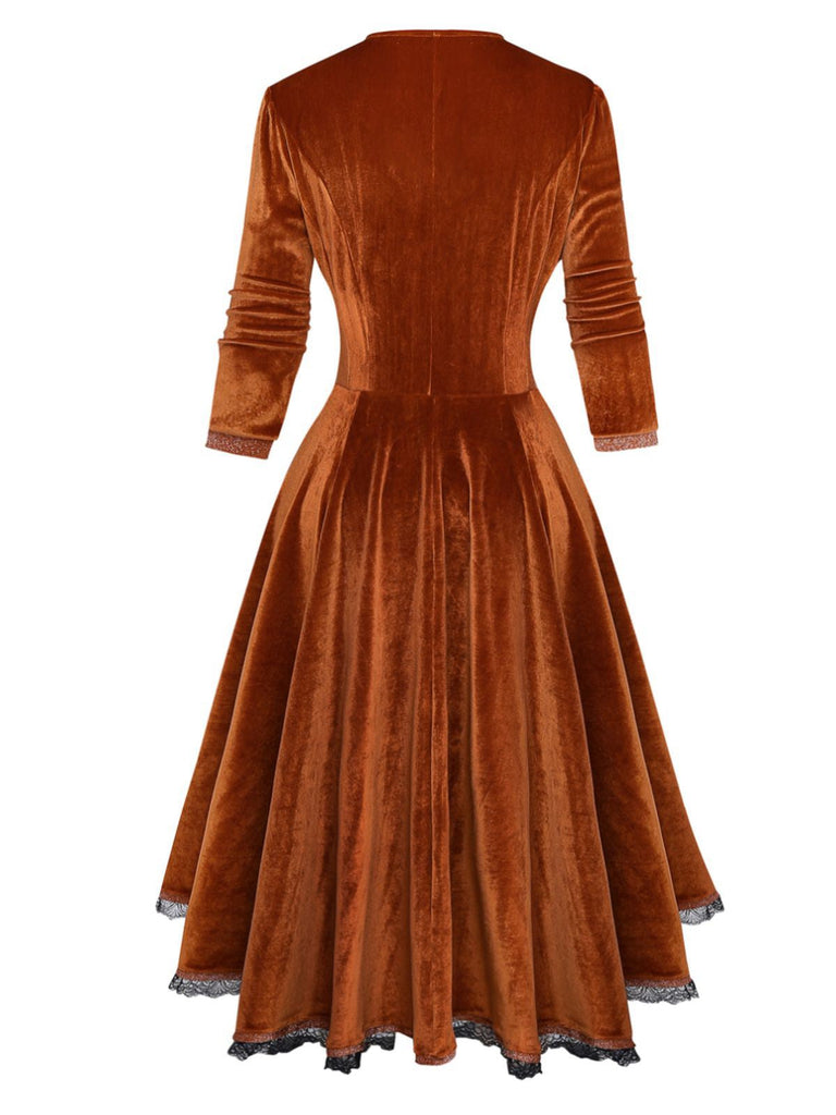 Braun 1940er Solide Revers Samt Schein Zweiteiler Kleid