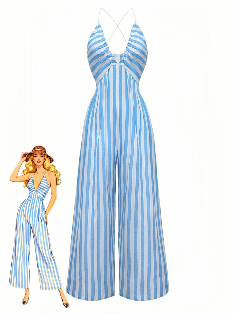 Blau 1980er Streifen Tief V Spaghetti Träger Jumpsuit
