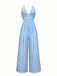 Blau 1980er Streifen Tief V Spaghetti Träger Jumpsuit