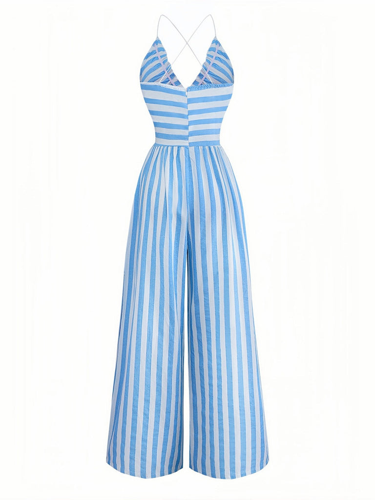 Blau 1980er Streifen Tief V Spaghetti Träger Jumpsuit