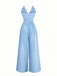 Blau 1980er Streifen Tief V Spaghetti Träger Jumpsuit
