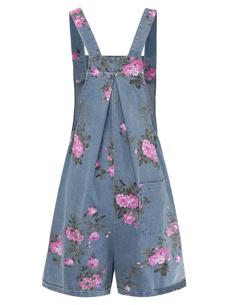 Blau 1960er Jeansstoff Blumen Breit Träger Romper