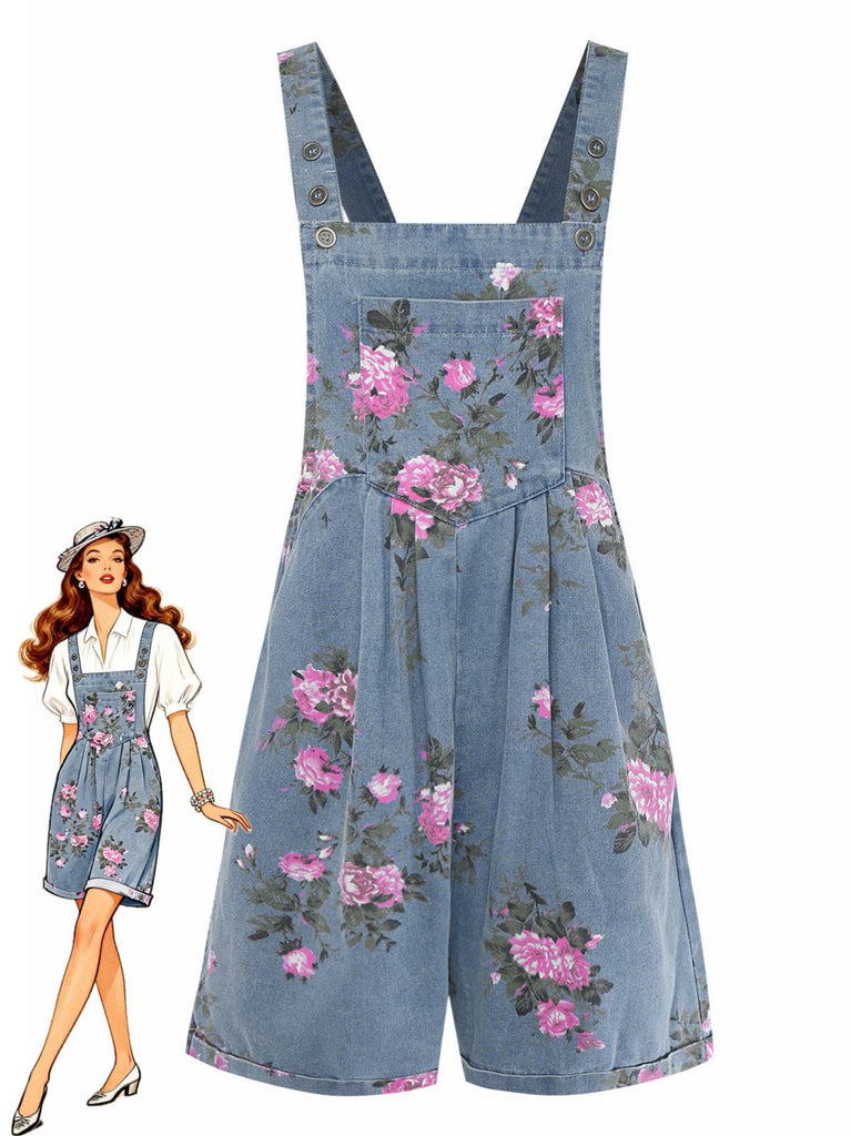 Blau 1960er Jeansstoff Blumen Breit Träger Romper