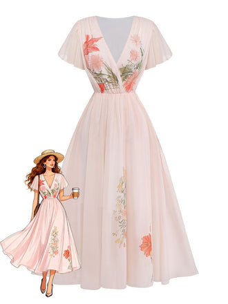 Rosa 1940er V-Ausschnitt Rüschen Ärmel Blumen Druck Kleid