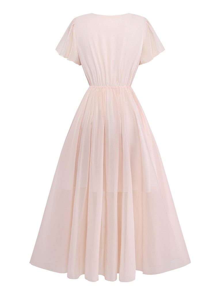 Rosa 1940er V-Ausschnitt Rüschen Ärmel Blumen Druck Kleid