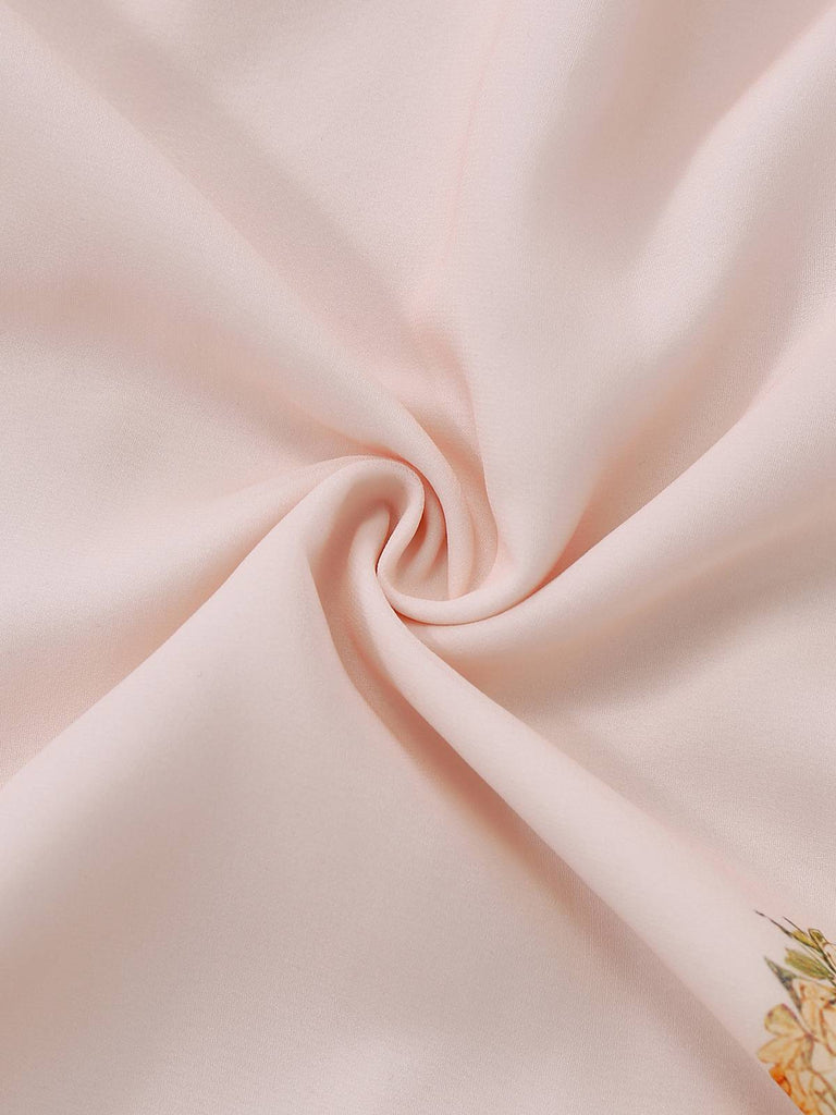 Rosa 1940er V-Ausschnitt Rüschen Ärmel Blumen Druck Kleid