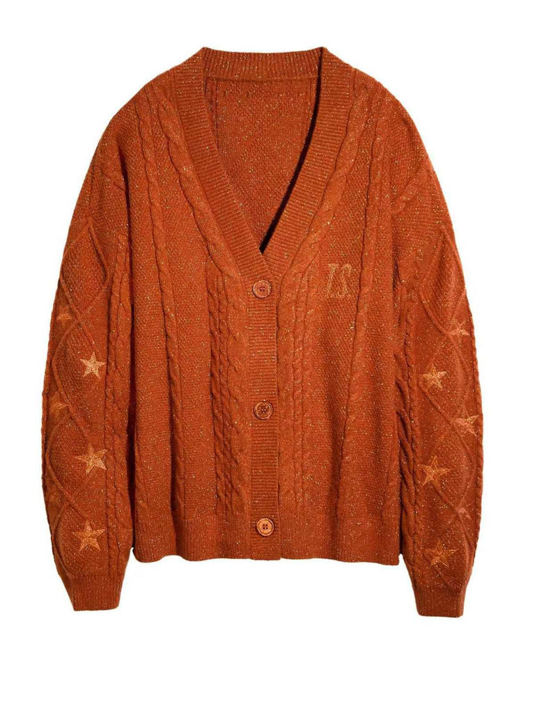 Orange 1940er V-Ausschnitt Stern Bestickt Cardigan