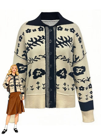 Beige 1940er Blumen Überschnittene Schulter Gestrickt Strickjacke