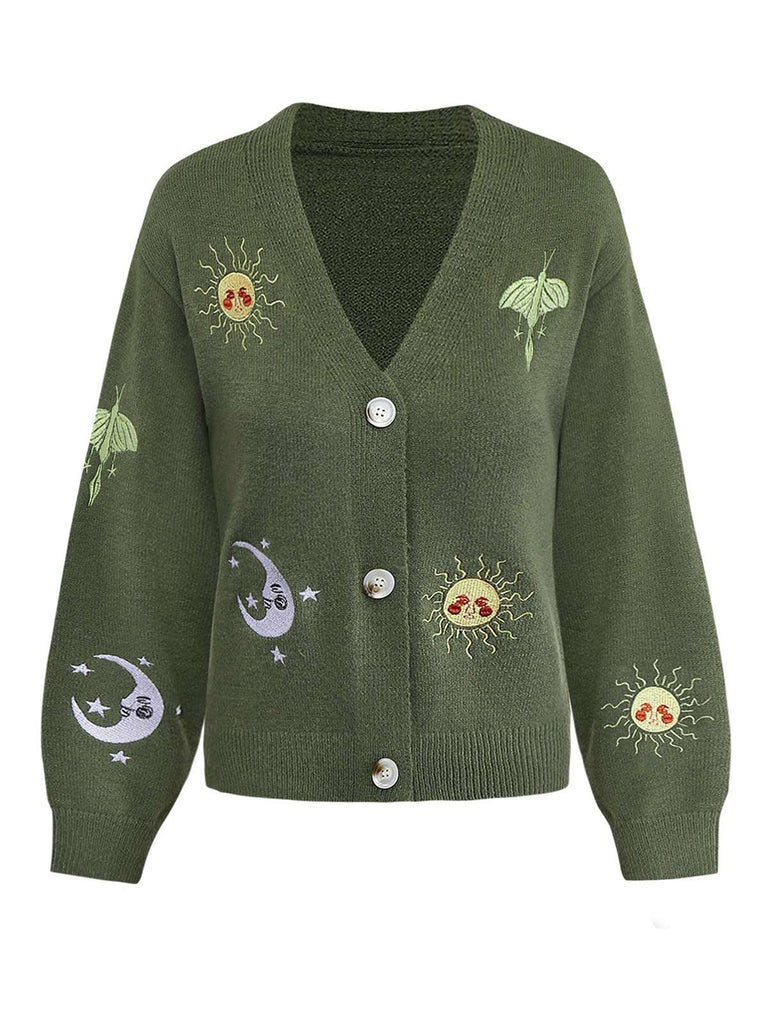 1980er Sonne Mond Bestickt Laternenärmel Stricken Cardigan