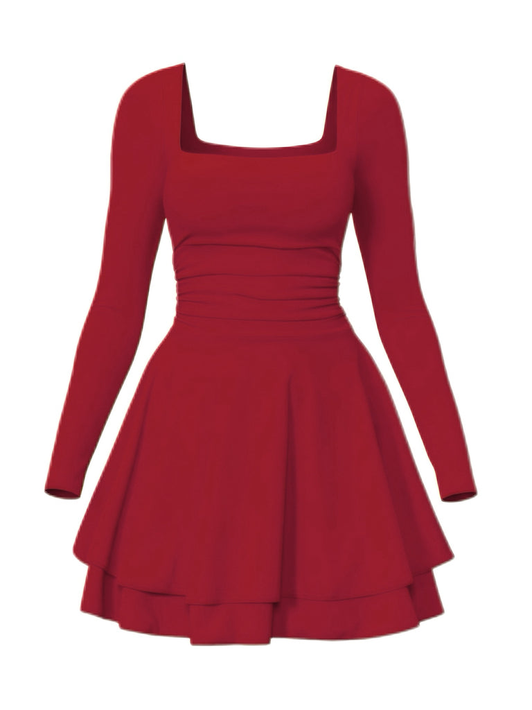 1980er Solide Tailliert Quadratischer Hals Langarm Kleid