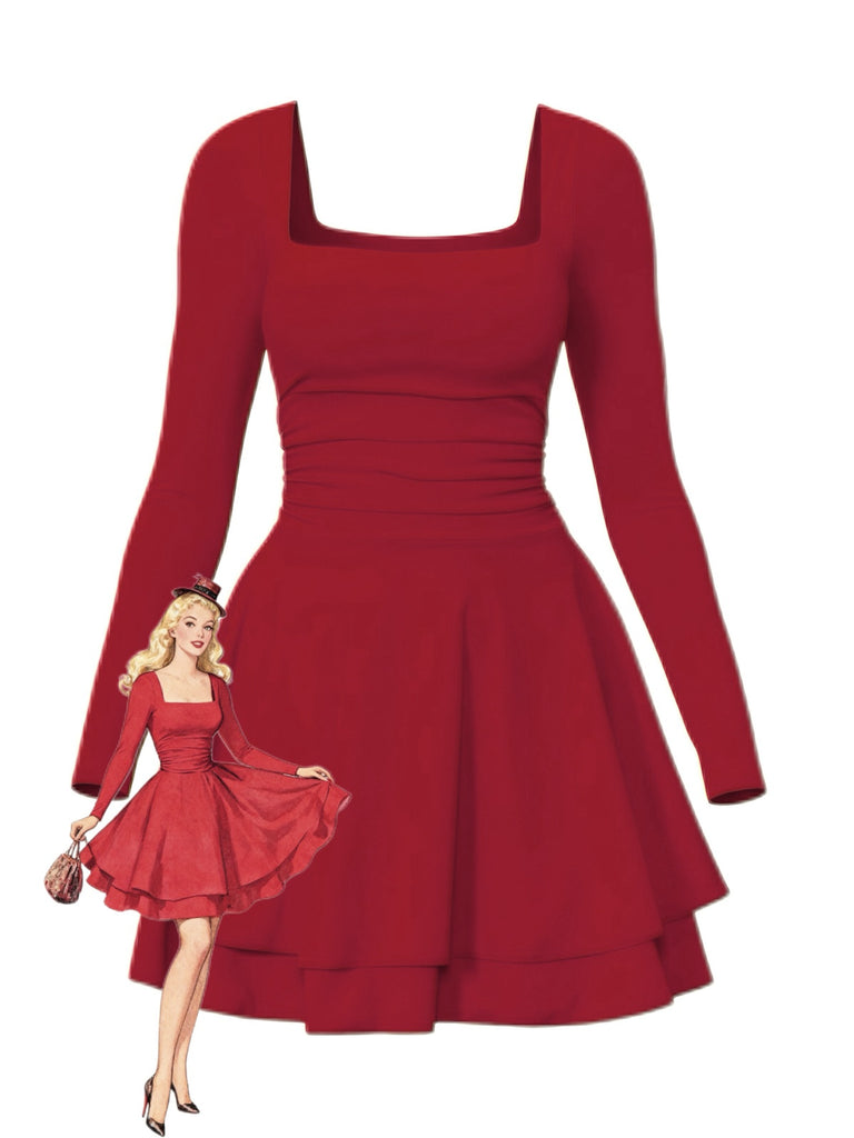 1980er Solide Tailliert Quadratischer Hals Langarm Kleid