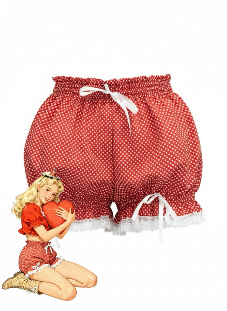Rot 1980er Tupfen Bogen Spitze Besatz Kürbis Shorts