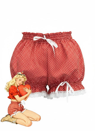 Rot 1980er Tupfen Bogen Spitze Besatz Kürbis Shorts