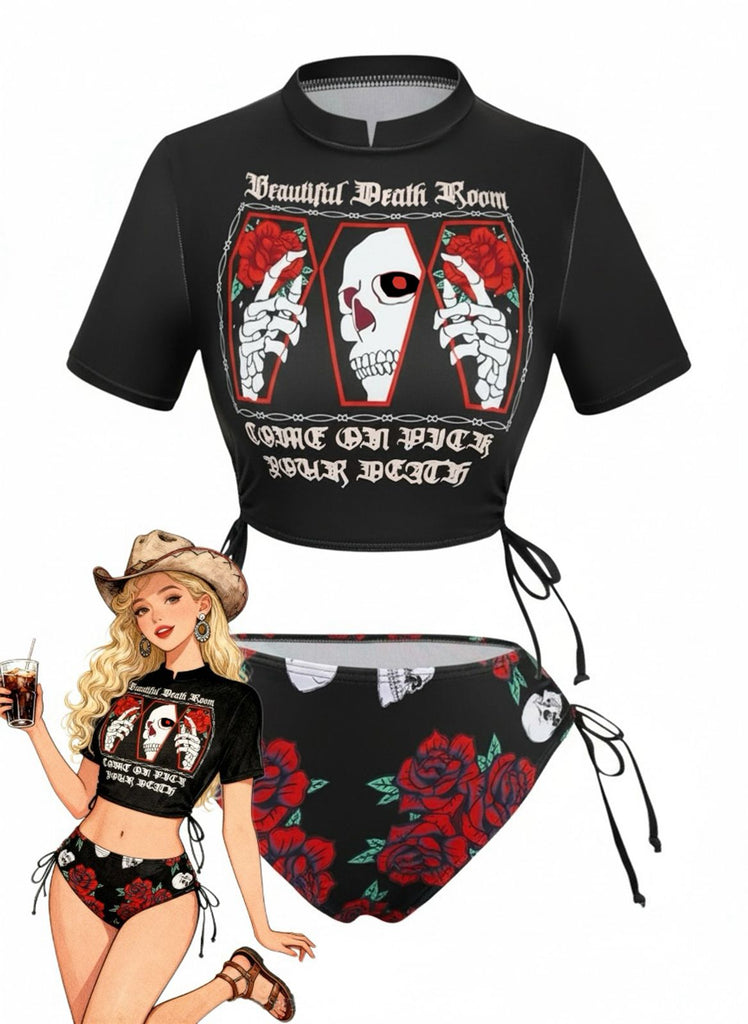 1980er Totenkopf Rose Grafik Tankini Set