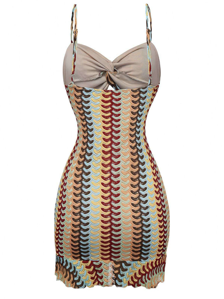 Multicolor 1960er Häkel Cutout Twist Rüschen Saum Kleid