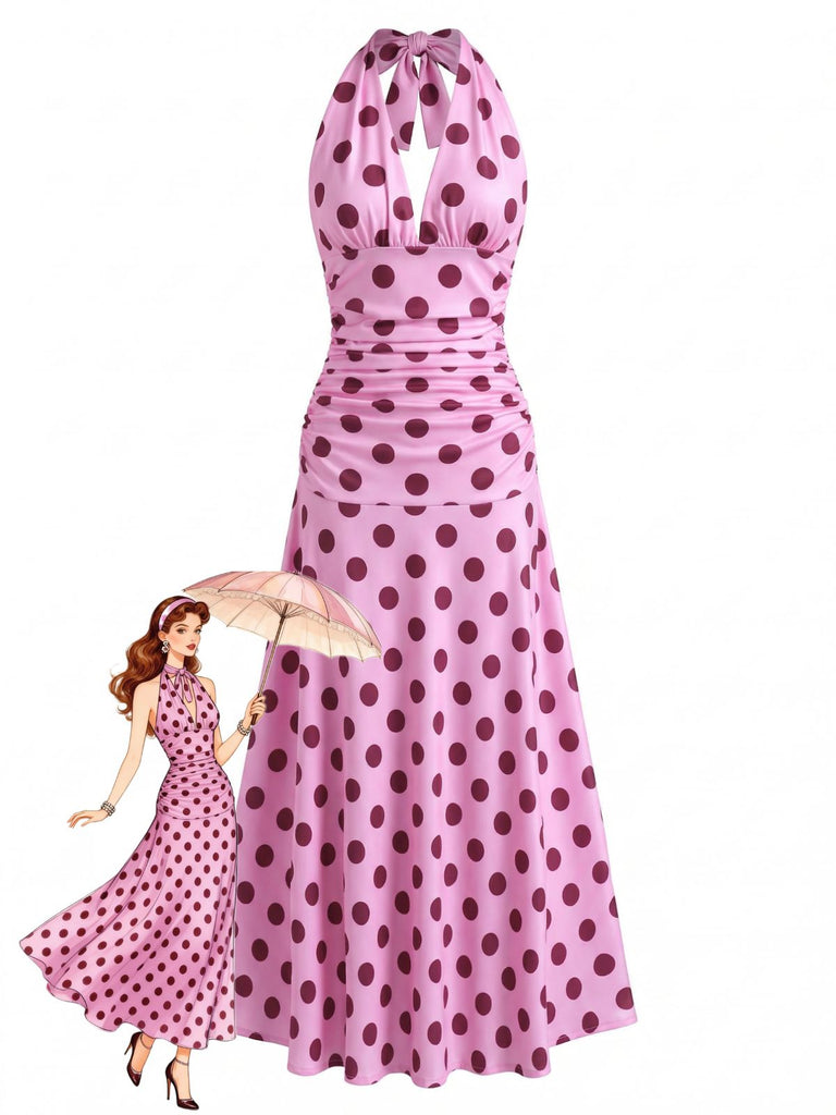 Pfirsichrosa Polka-Dot-Midikleid im Stil der 1930er Jahre mit V-Ausschnitt und Neckholder, Größe 2