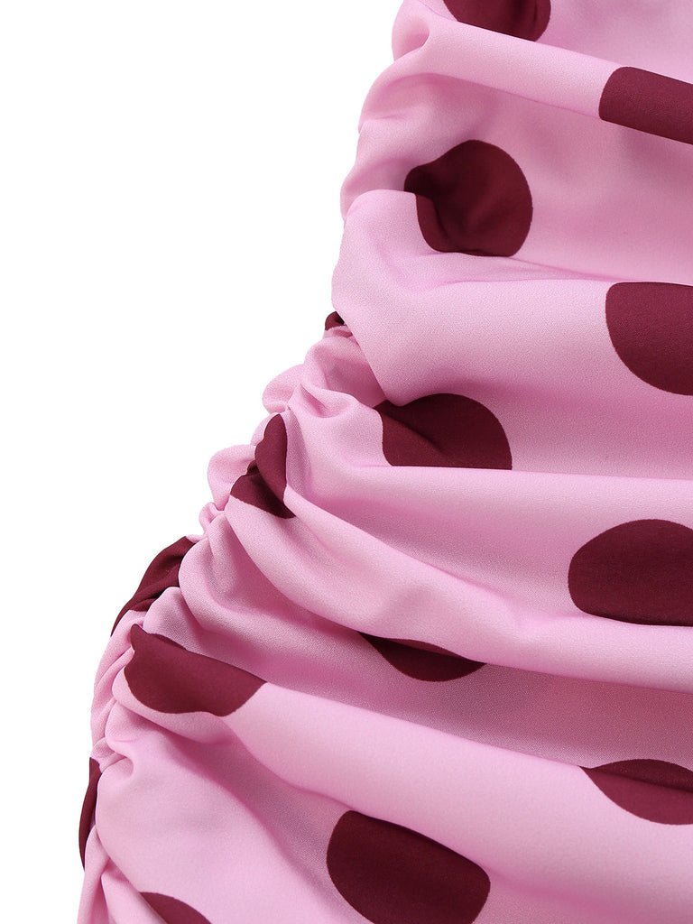 Pfirsichrosa Polka-Dot-Midikleid mit V-Ausschnitt und Neckholder im Stil der 1930er Jahre, Größe 6