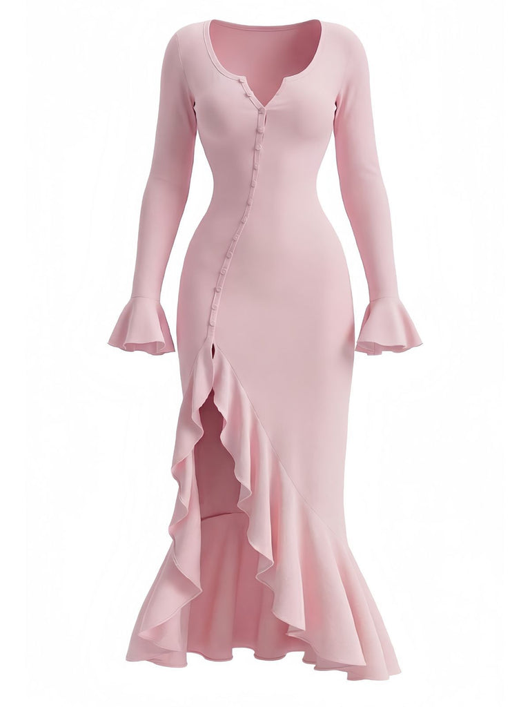 1930er Rüschen Taste Seiten Schlitz Midi Kleid