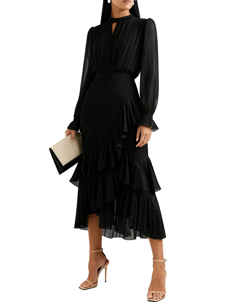 1950er Solide Rüschen Saum Plissiertes Kleid