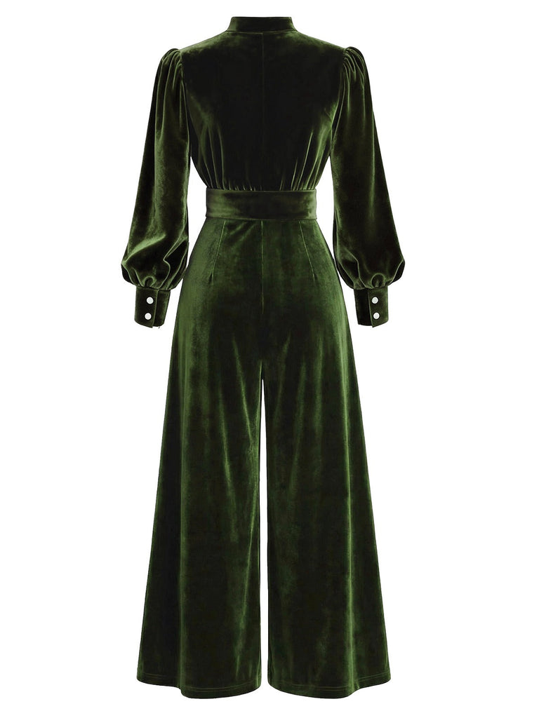 [Vorverkauf] Grün 1960er Schlüsselloch Hals Bischof Ärmel Samt Jumpsuit