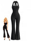 Schwarz 1980er Solide Halter Rückenfrei Ausgestellt Jumpsuit