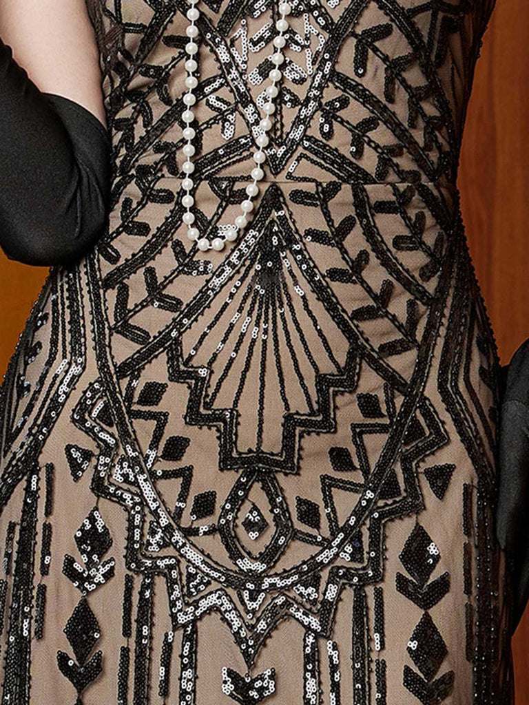 Schwarz 1920er Gatsby Pailletten Netz Maxi Abend Kleid