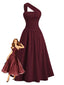 Weinrot 1930er Solide Wickel Eine Schulter Taille Gerafft Kleid
