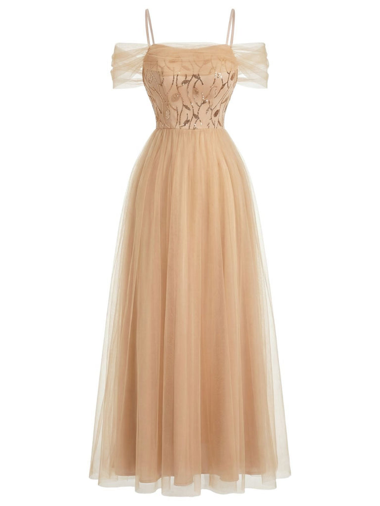 Beige 1930er Pailletten Netz Patchwork Kalte Schulter Kleid