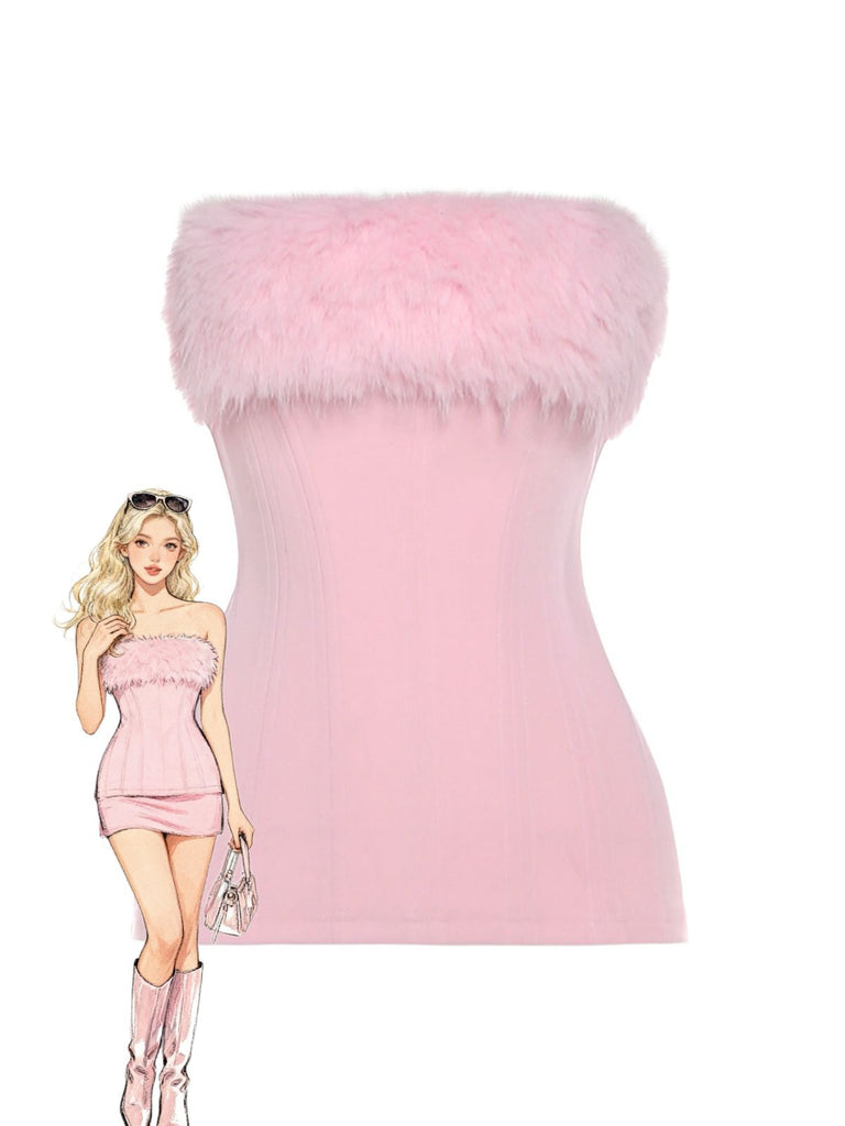 1980er Solide Trägerlos Plüsch Tailliert Top