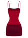Dunkelrotes 80er Bodycon-Kleid mit Spaghettiträgern und Flauschsaum