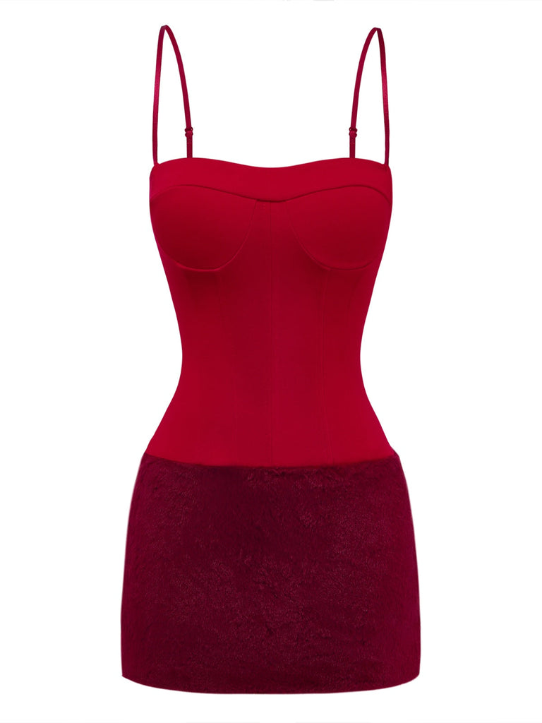 Dunkelrotes 80er Bodycon-Kleid mit Spaghettiträgern und Flauschsaum