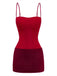 Dunkelrotes 80er Bodycon-Kleid mit Spaghettiträgern und Flauschsaum