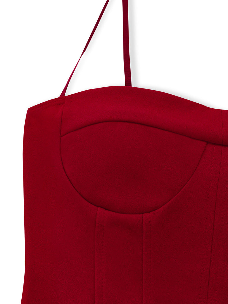 Dunkelrotes 80er Bodycon-Kleid mit Spaghettiträgern und Flauschsaum