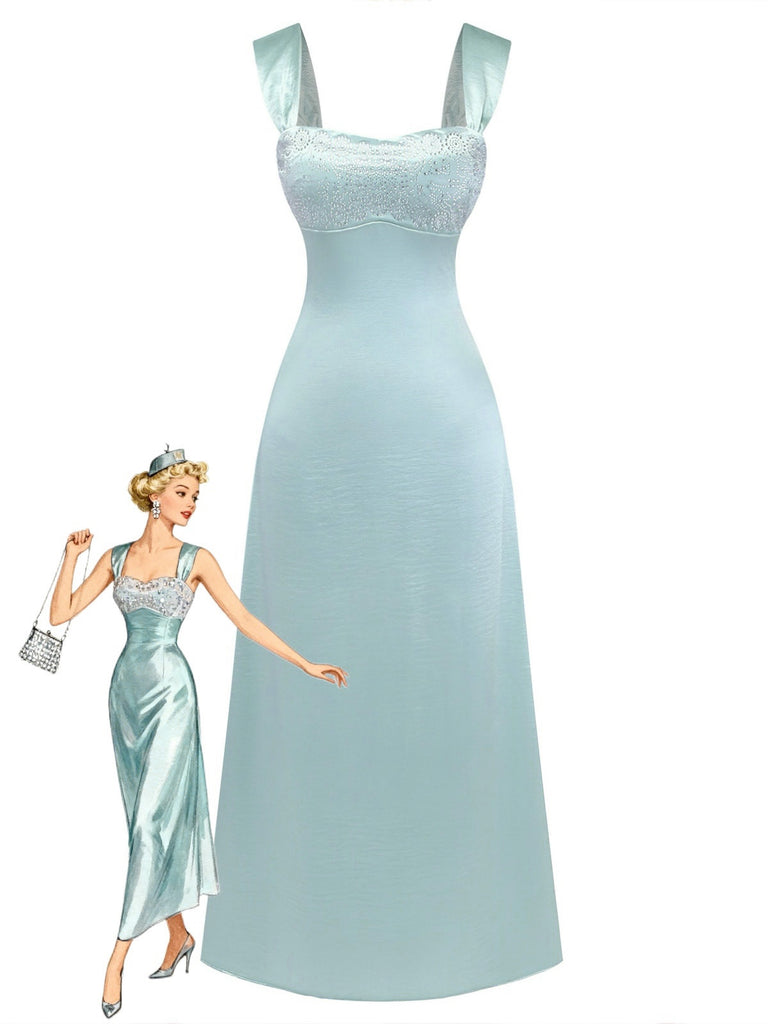 1930er Satin Strassstein Breite Träger Maxi Kleid