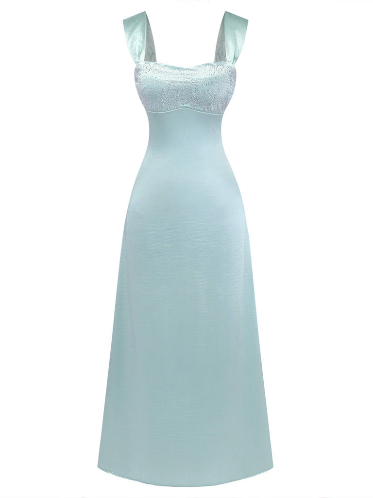 1930er Satin Strassstein Breite Träger Maxi Kleid