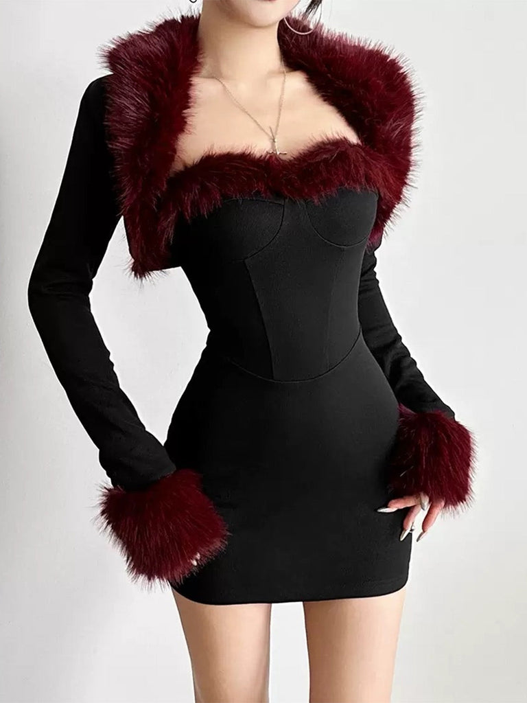 Schwarzes 80er Bleistiftkleid & Kurzmantel-Set mit Fellbesatz