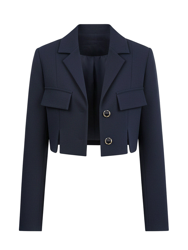 [Vorverkauf] Dunkelblau 1950er Solide Kurz Blazer Jacke